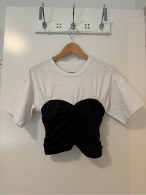 Maje Black & White Ruched Bustier T-Shirt Top Size M